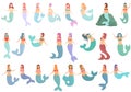 Mermaid icons set cartoon vector. Cute girl