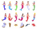 Mermaid icons set isometric vector. Girl cute