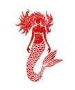 Mermaid illustration, retro texture style of a red color