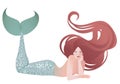 Mermaid isolated with long mane lying with her face resting on one hand Royalty Free Stock Photo