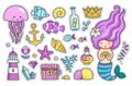 Mermaid, jellyfish, cute sea animals, fish, sea shell, lighthouse, anchor and starfish. Royalty Free Stock Photo