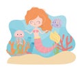 Mermaid jellyfish fish coral sand cartoon under the sea Royalty Free Stock Photo