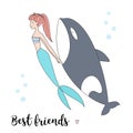 Mermaid and killer whale vector illustration. Best friends