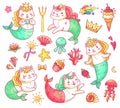 Mermaid kitty cat cartoon characters. Underwater cats mermaids vector set