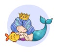 Mermaid, laying on the seabed, stroking golden fish.