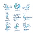 Mermaid logo design set, silhouette of mermaid for badge, invitation card, banner vector Illustrations on a white