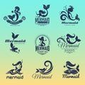 Mermaid logo. Marine swim fairytale women ocean symbols vector badges collection