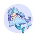 Mermaid with long blue hair, floating with dolphin.