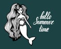 Mermaid with long hair. Hand-Drawn summer Doodle. Vector Illustration cartoon character. Young girl. vector illustration