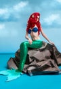 Mermaid with long red hair sitting on the stone