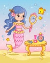 The mermaid looks in the mirror near the table among the fish underwater. Vectral illustration