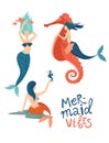 Mermaid Marine life hand drawn flat vector characters and lettering Royalty Free Stock Photo