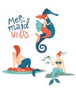 Mermaid Marine life hand drawn flat vector characters and lettering Royalty Free Stock Photo