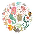 Mermaid, marine plants and animals. Collection decorative design elements. Cartoon sea flora and fauna in watercolor style.