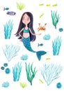 Mermaid, marine plants and animals. Collection decorative design elements. Cartoon sea flora and fauna in watercolor