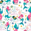 Mermaid mermaid pink and green tone with under sea life illustration cartoon doodle design for seamless pattern