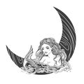 Mermaid on a moon. Black and white vector graphics