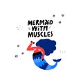 Mermaid with muscles hand drawn banner template