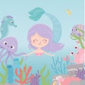 Mermaid octopus crab seahorse reef coral cartoon under the sea