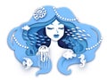 Mermaid paper portrait. Beautiful woman face with wave mermaids hair, underwater sea princess girl papercut 3d art model Royalty Free Stock Photo