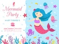 Mermaid party. Cute princess birthday invitation with ocean life. Little girl celebration card, kids baby marine festive Royalty Free Stock Photo