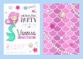 Mermaid party invitation with cute mermaid, starfish, seashell a