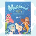 Mermaid party invitation. Design template invite kids birthday cards with funny underwater characters fish and young