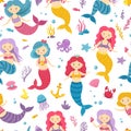 Mermaid pattern. Printable underwater mermaids background. Cute nursery print with ocean princesses. Sea fairies vector Royalty Free Stock Photo