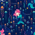 Mermaid mermaid pink and green tone with under sea life illustration cartoon doodle design for seamless pattern