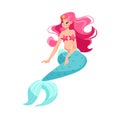 Mermaid with Pink Hair and Fish Tail as Good Fairytale Character Vector Illustration