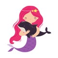Mermaid with Pink Hair Floating Underwater with Dolphin Vector Illustration Royalty Free Stock Photo