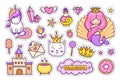 Mermaid with pink hair, magic unicorn, kitten, castle, golden crown, donut, ice cream.