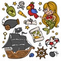 MERMAID AND PIRATE SHIP Corsair Objects Vector Collection Royalty Free Stock Photo