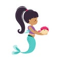 Mermaid with Ponytail Floating Underwater with Blowfish Vector Illustration Royalty Free Stock Photo