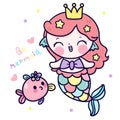 Mermaid princess cartoon and fish kawaii animal friendship