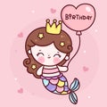 Mermaid princess cartoon holding birthday heart balloon kawaii animal