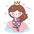 Mermaid princess cartoon holding magic wand on shell