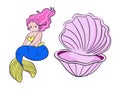 Mermaid Princess and seashell shellfish isolated elements