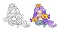 Mermaid with purple gradient hair, stroking two golden fish. Cartoon characters. Royalty Free Stock Photo