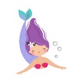 Mermaid with Purple Hair Floating Underwater Vector Illustration Royalty Free Stock Photo