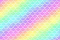 Mermaid rainbow background with scales. Iridescent glitter fish tail pattern. Marine holographic backdrop. Kawaii vector