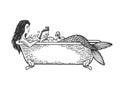 Mermaid reading book in bath sketch engraving Royalty Free Stock Photo