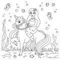 A mermaid rides a unicorn. Coloring book page for kids. Cartoon style character. Vector illustration isolated on white background Royalty Free Stock Photo