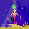 Mermaid rock star. A girl with a green-haired siren in sunglasses is holding a guitar. Seabed landscape. Starfish, sand