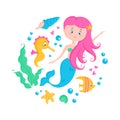 Mermaid and sea animals. Cute vector illustration