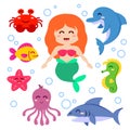 Mermaid and sea animals. Fish, starfish, octopus, seahorse, shark, dolphin, crab Royalty Free Stock Photo
