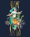 Mermaid with sea bouquet with corals, seaweeds, shells with sparkles. Watercolor sea card with golden lines. Underwater