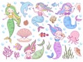 Mermaid. Sea world little mermaids, cute mythical princess and dolphin, seashell and seaweeds, fishes for print books
