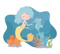 Mermaid with seahorse reef coral cartoon under the sea