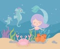 Mermaid seahorses crab coral sand cartoon under the sea Royalty Free Stock Photo